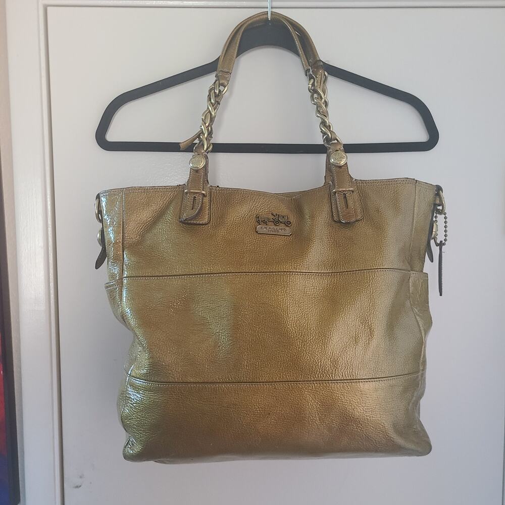 Coach Metallic Gold Patent Leather Tote Bag Chain Handles Large Style 14129